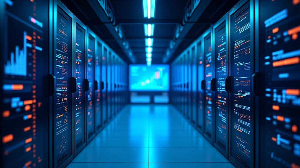 Centre de données moderne avec écrans affichant des graphiques financiers et des statistiques de croissance en temps réel