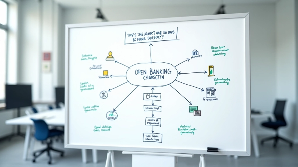 Tableau blanc avec diagrammes d'open banking et interconnexions entre institutions financières européennes
